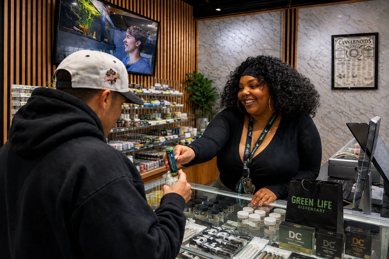 Green Life DC dispensary staff helping a customer at the counter